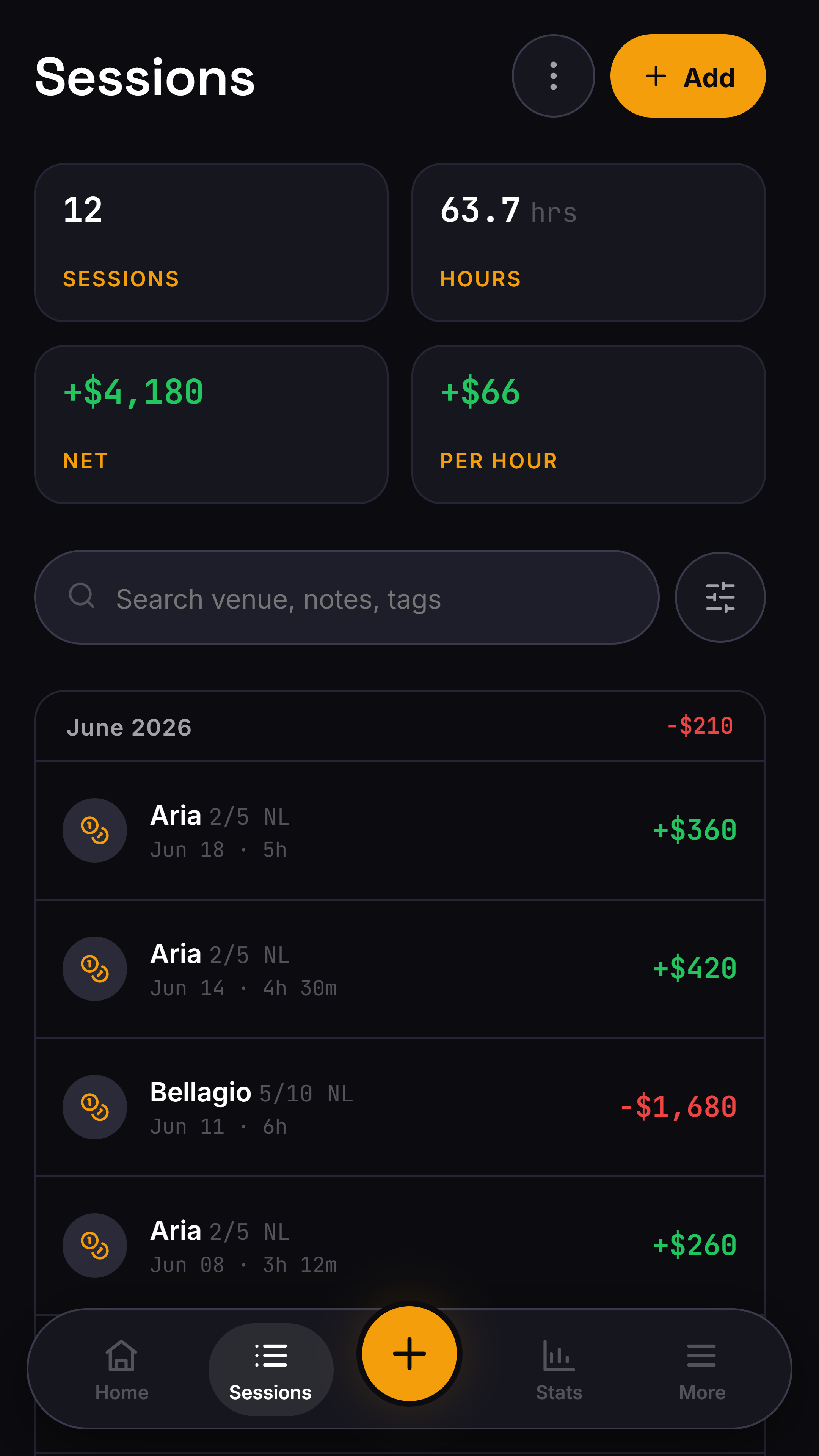 Example poker sessions in Overshove Real Overshove sessions screen showing twelve example sessions, hours, net result and hourly rate