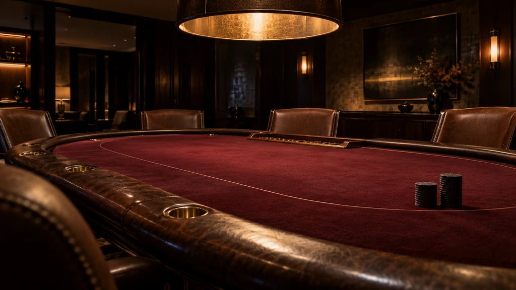 Poker variance: an empty card room Two upright dark chip stacks on a burgundy poker table in a warmly lit empty card room.