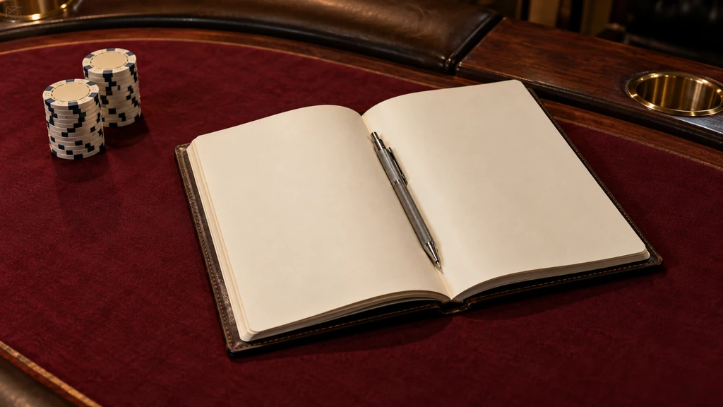 An open blank cream notebook and metal pencil sit beside two upright ivory chip stacks on burgundy poker felt.