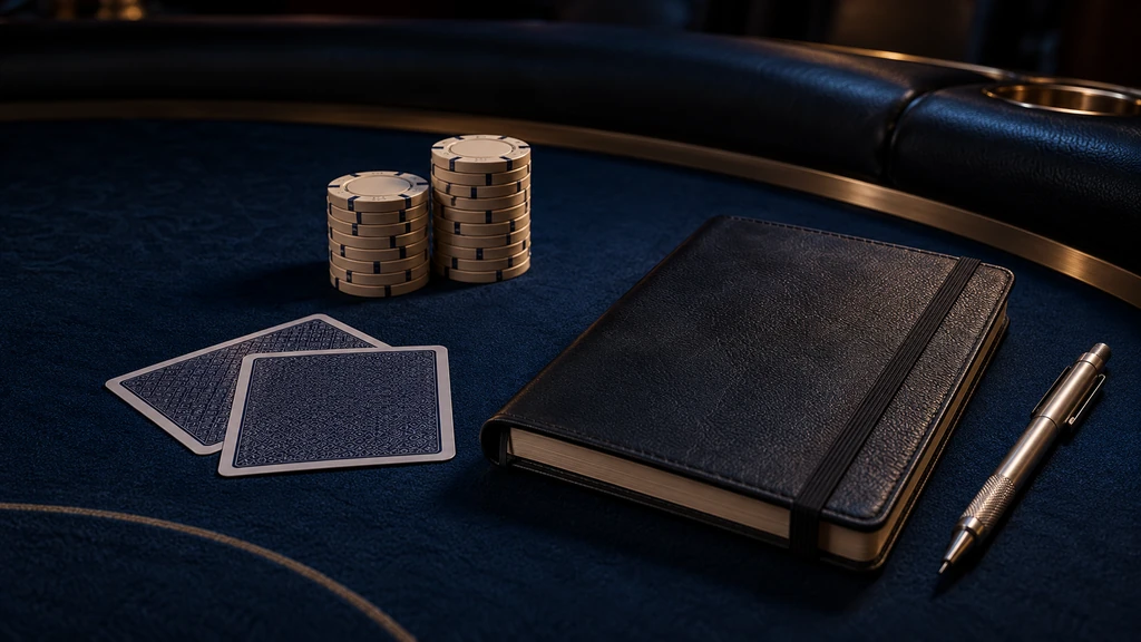 Poker study: notebook and protected cards A closed black notebook, metal pencil, two face-down cards and upright ivory chip stacks on navy felt.