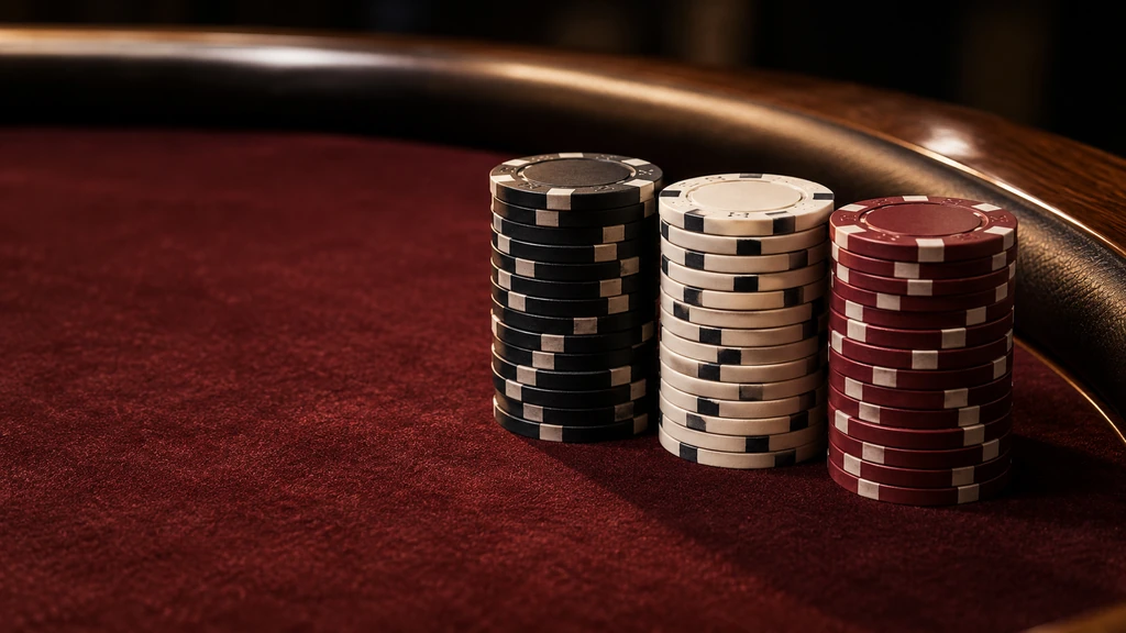 Poker bankroll: three upright chip stacks Three neat stacks of black, ivory and burgundy poker chips on oxblood felt.