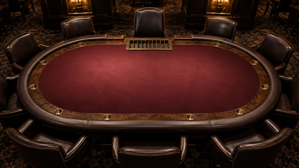 Poker table position and seating An overhead view of an empty burgundy oval poker table shows its padded rail, dealer tray and surrounding chairs.