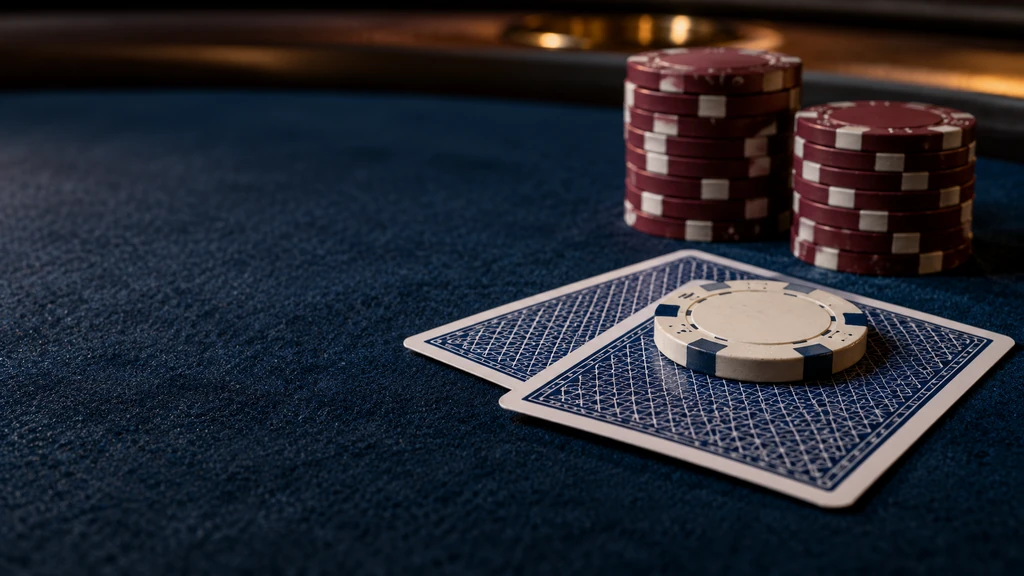 Two face-down navy cards under a flat ivory protector chip beside two upright burgundy chip stacks on dark felt