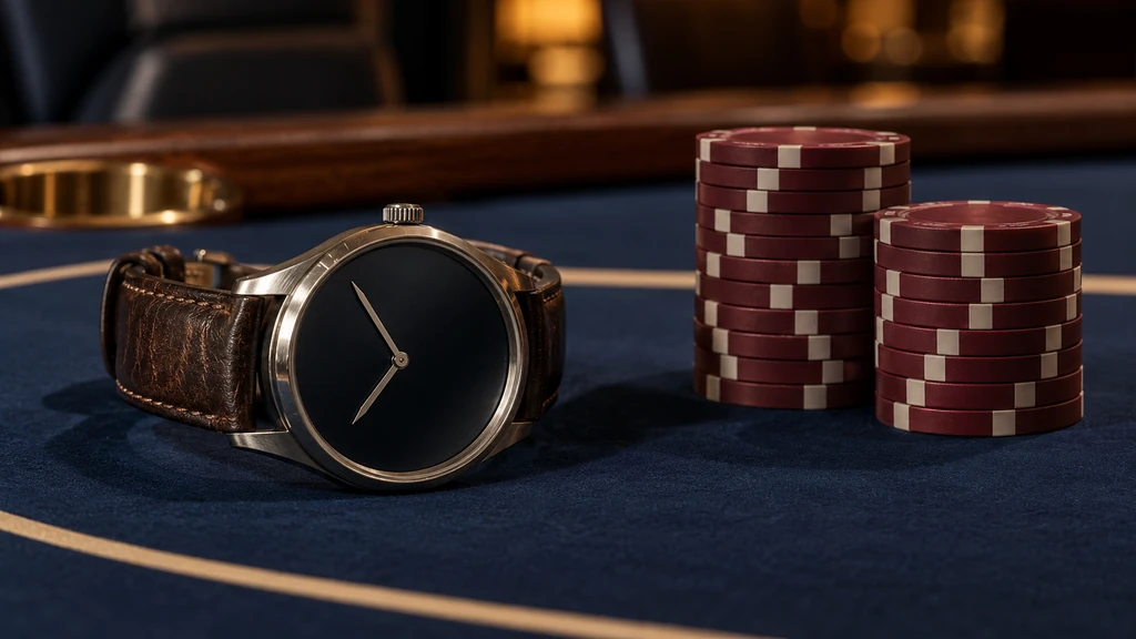 A brushed metal watch with an unmarked dark dial rests beside neat burgundy chip stacks on midnight navy felt.