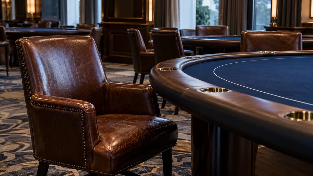An empty leather chair sits beside a navy poker table in a softly lit casino card room.