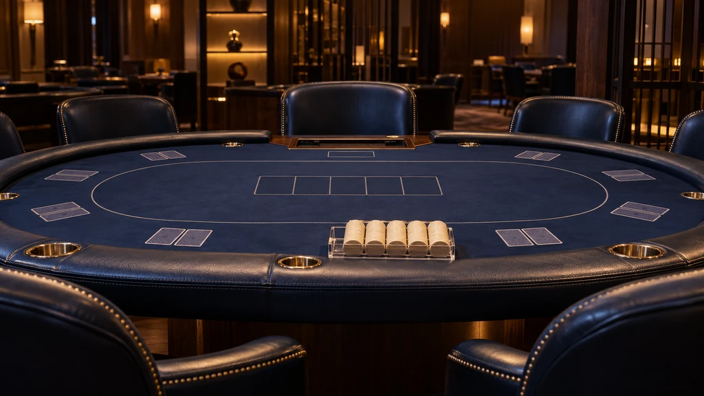 Poker tournament table before play A rack of ivory chips rests at the near rail of a navy oval poker table, with pairs of face-down cards at the seats.