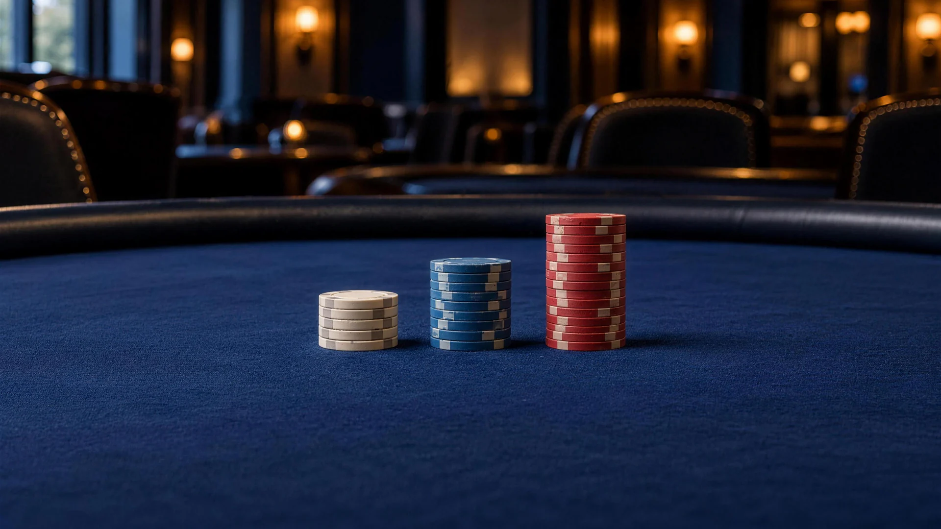 Ascending chip stacks in white, blue and red stand on blue felt before empty cardroom chairs