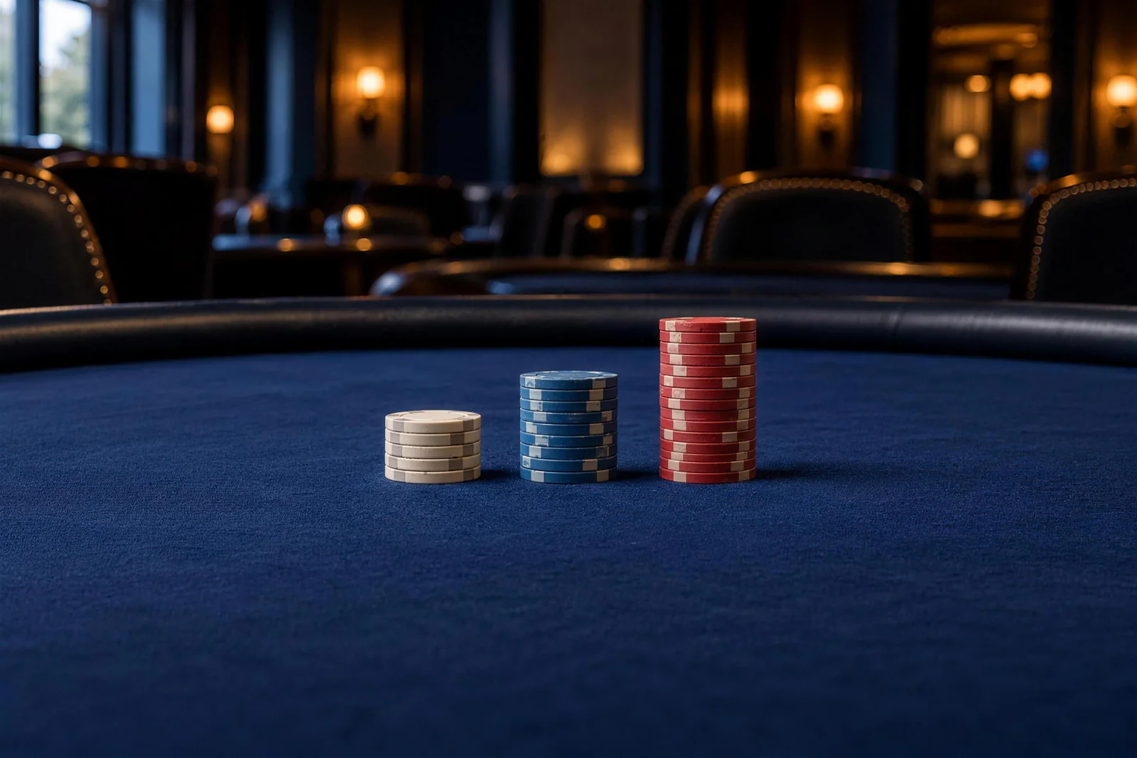 White, blue and red stacks in soft light White, blue and red chip stacks rise in height across blue poker felt in a softly lit cardroom