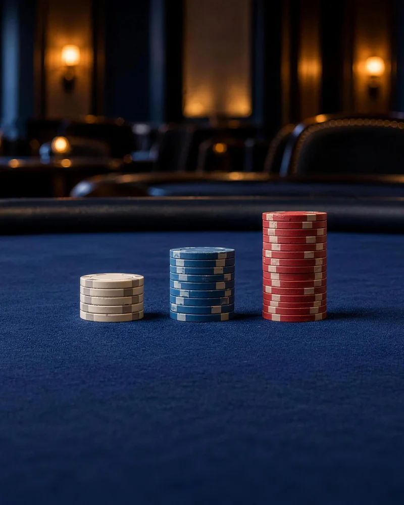 White, blue and red stacks in soft light White, blue and red chip stacks rise in height across blue poker felt in a softly lit cardroom