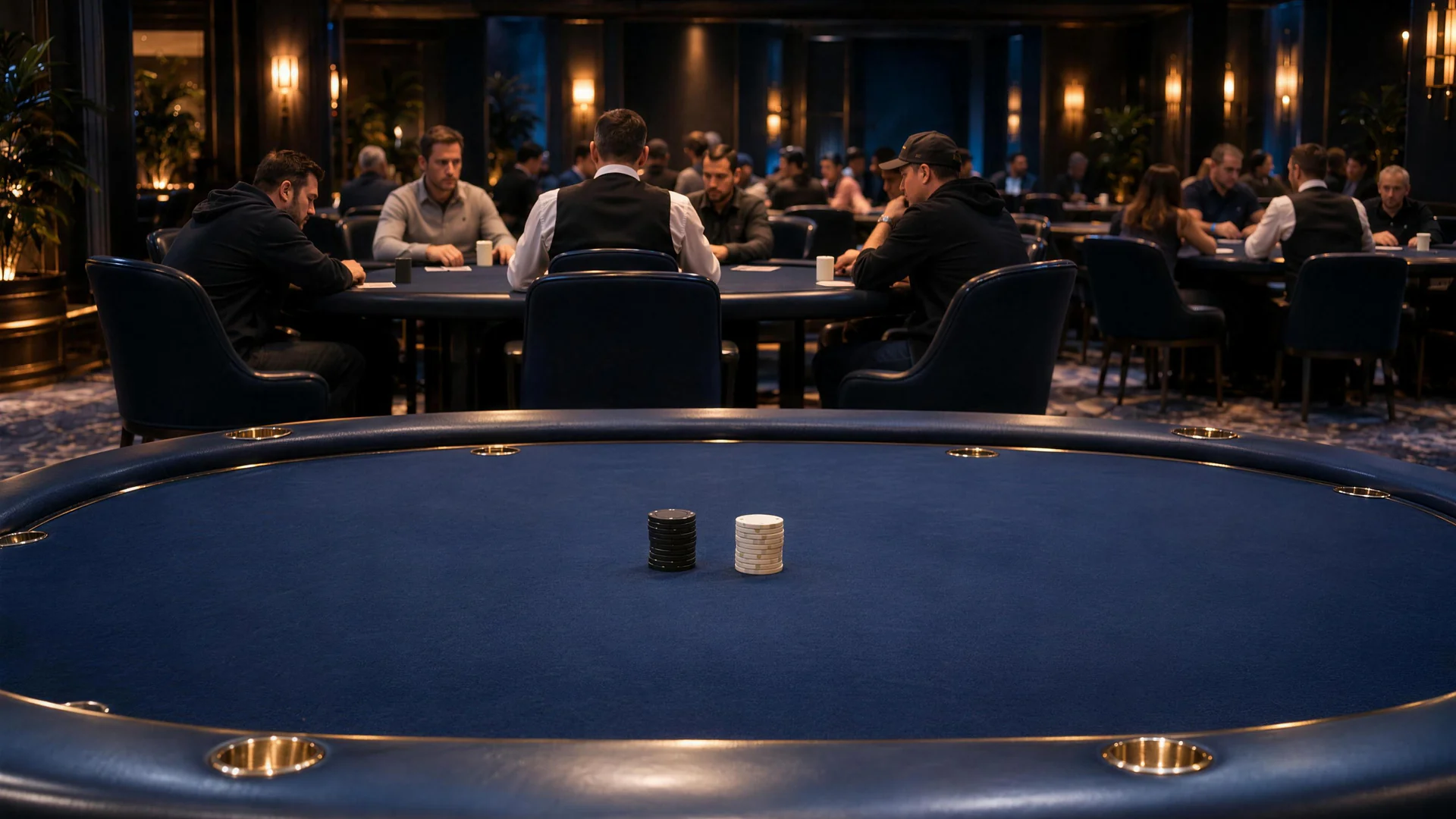 Brass cup holders line a blue poker table with black and white chip stacks and seated players beyond