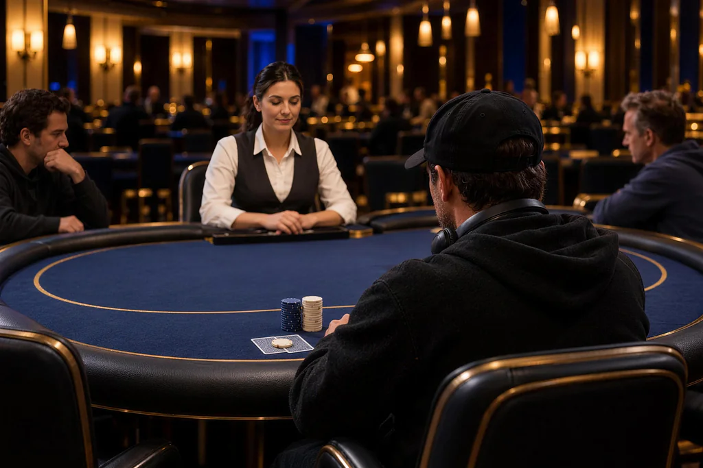 Seen from behind, a capped player faces a seated dealer across a blue poker table