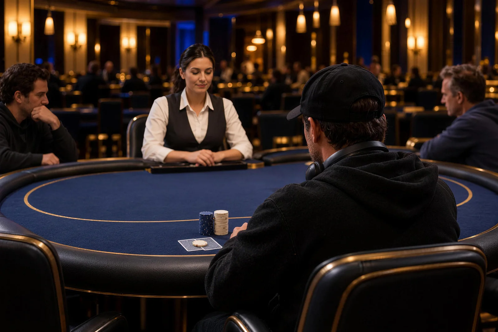 A view across the blue poker table Seen from behind, a capped player faces a seated dealer across a blue poker table