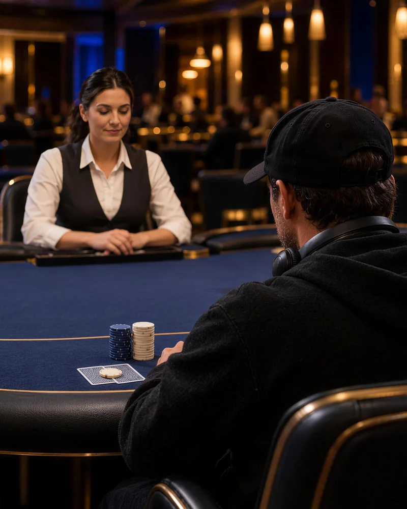A view across the blue poker table Seen from behind, a capped player faces a seated dealer across a blue poker table