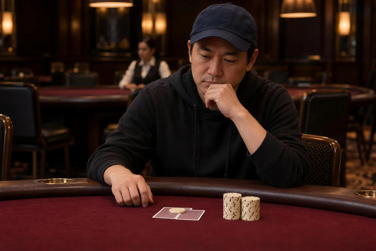 White chip stacks beside a capped player Looking down at red poker felt, a capped player holds a fist to their mouth beside white chip stacks