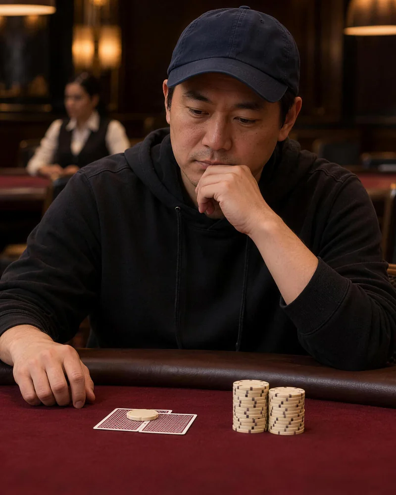 White chip stacks beside a capped player Looking down at red poker felt, a capped player holds a fist to their mouth beside white chip stacks