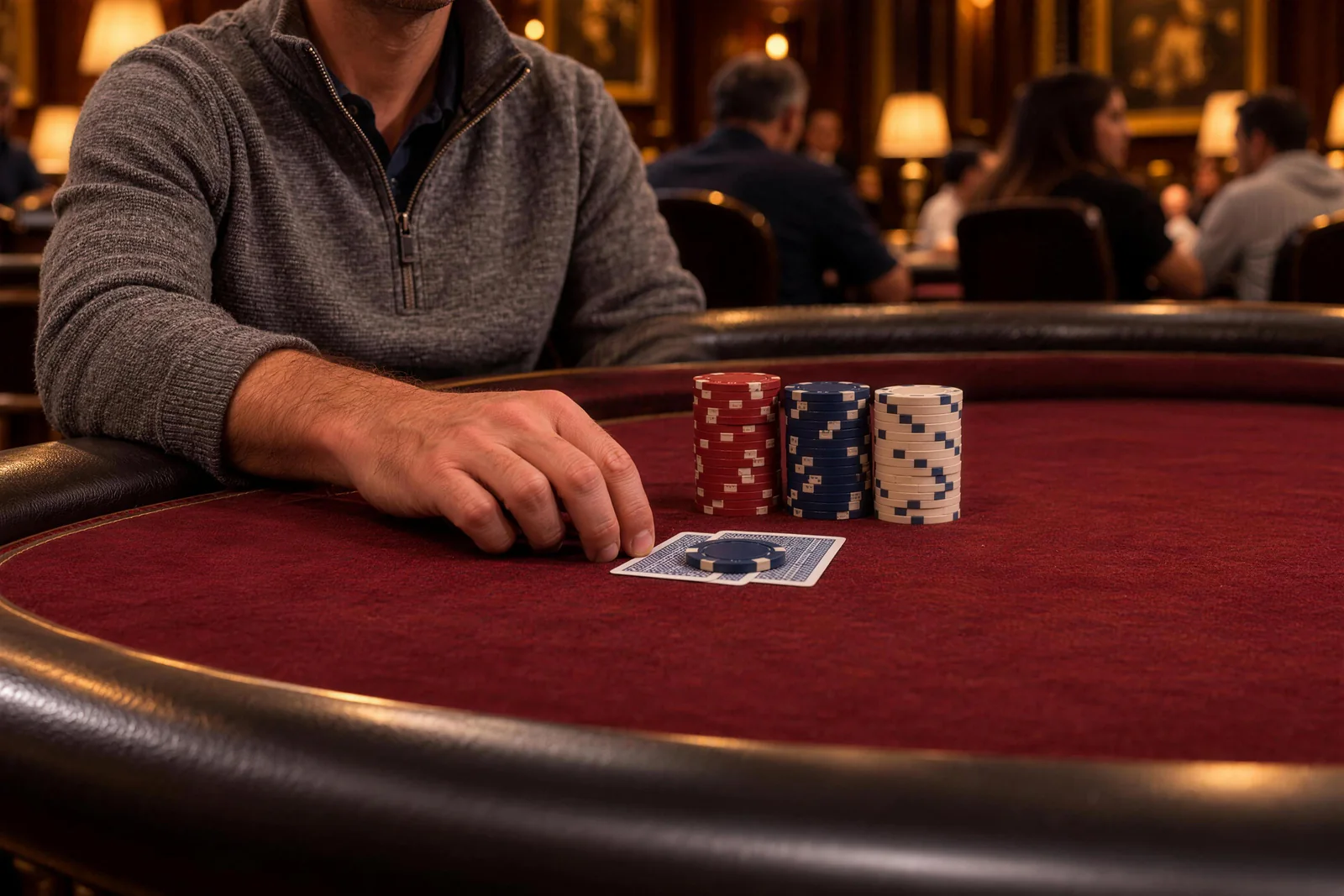 Beside a grey-sleeved hand, red, blue and white chip stacks stand behind protected cards on red felt