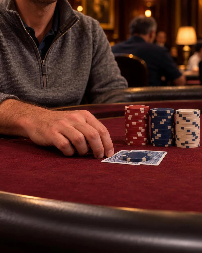 Beside a grey-sleeved hand, red, blue and white chip stacks stand behind protected cards on red felt