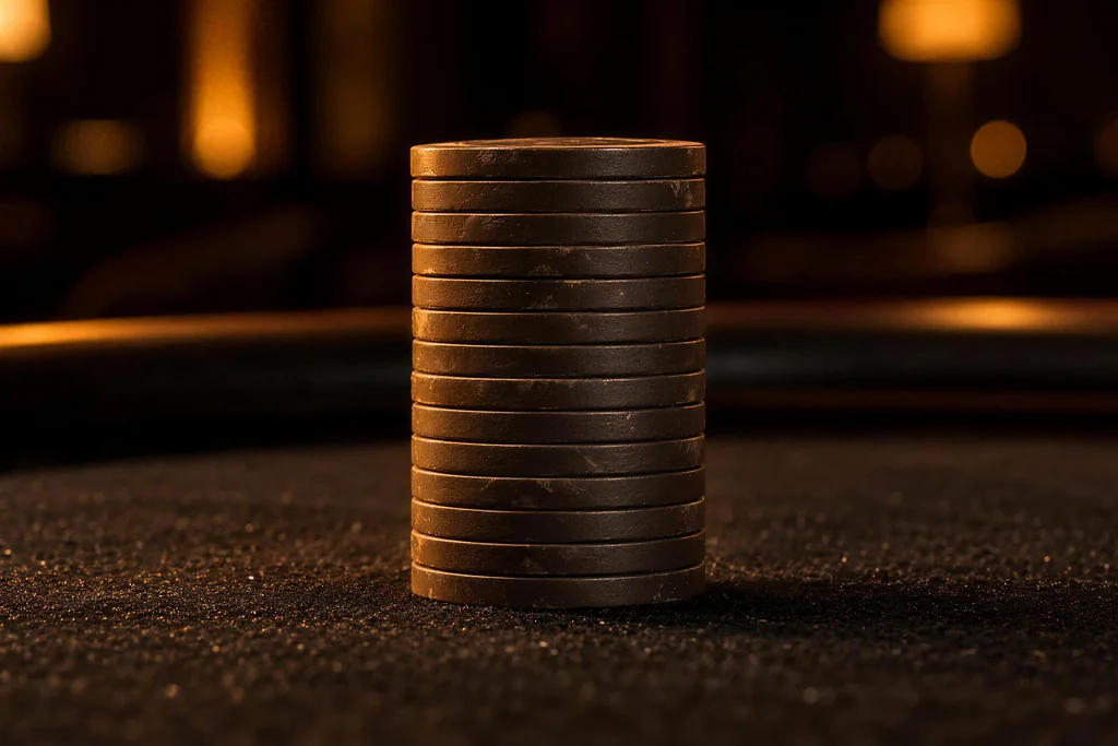 Amber light catches the worn edges of a tall, dark chip stack on poker felt