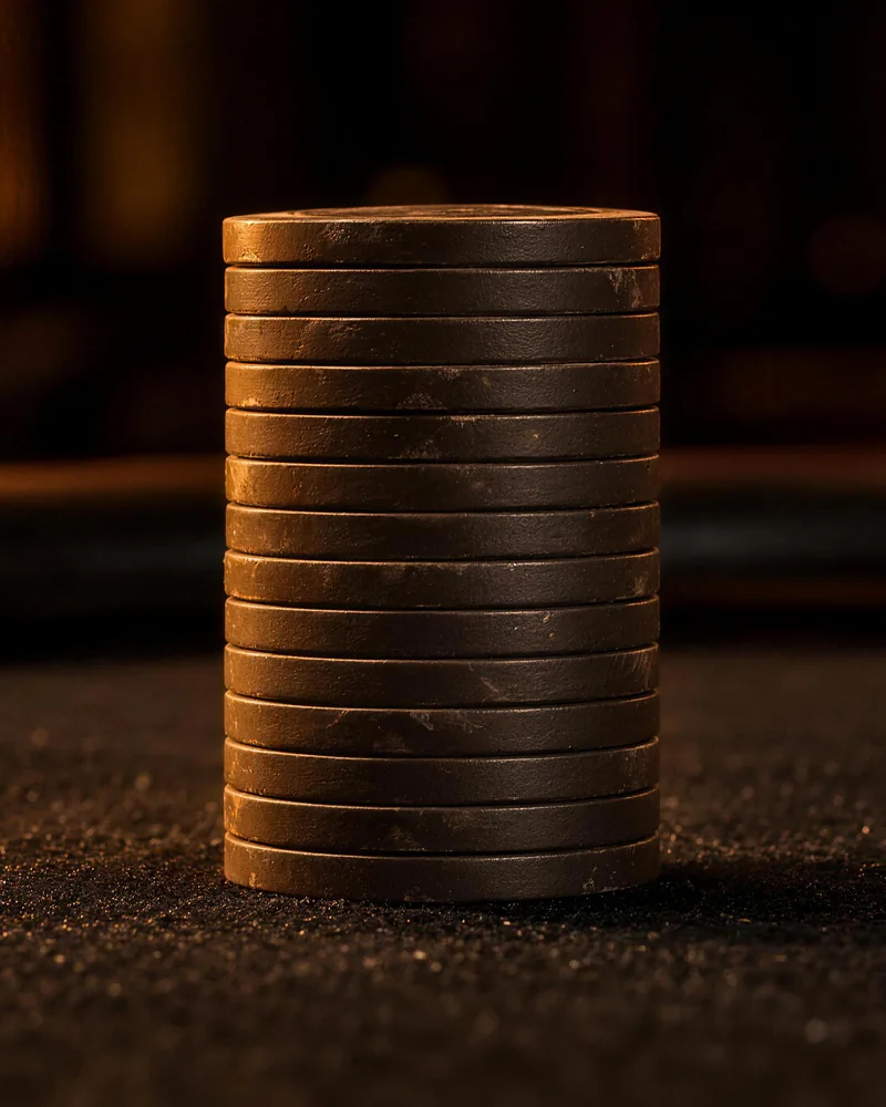 Worn chip edges under warm light Amber light catches the worn edges of a tall, dark chip stack on poker felt