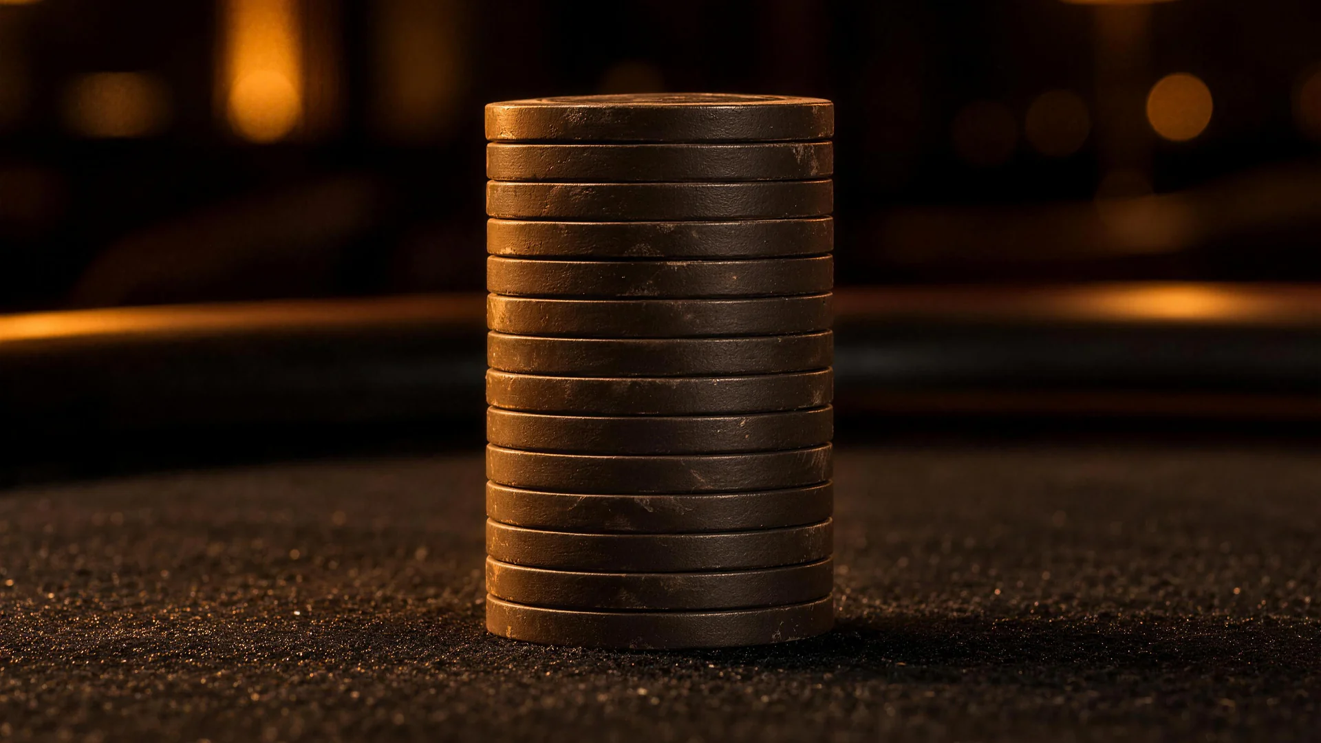 Warm side light on worn chip edges Close up, warm side lighting picks out scuffed edges on an upright dark poker chip stack