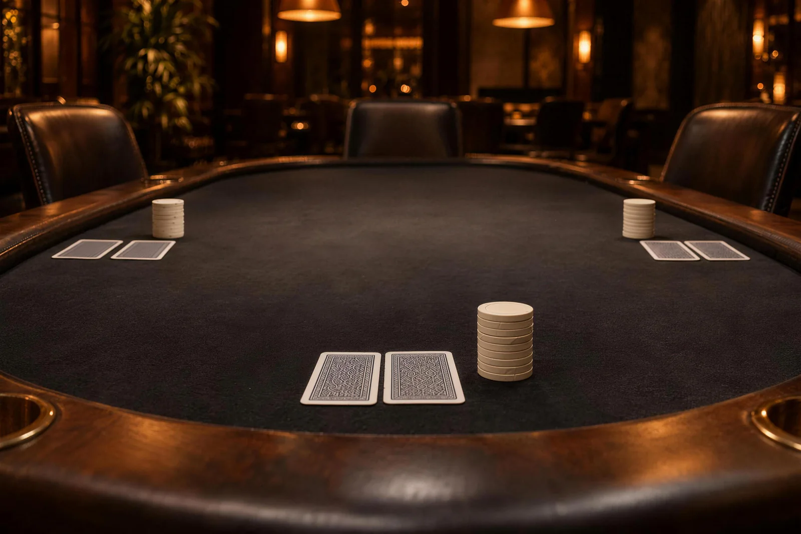 Facing an empty chair, two face-down cards lie beside a white chip stack on dark poker felt