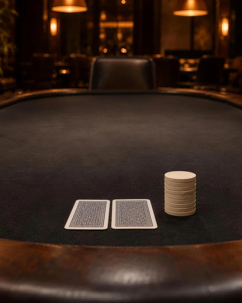 Cards and a white stack by an empty chair Facing an empty chair, two face-down cards lie beside a white chip stack on dark poker felt