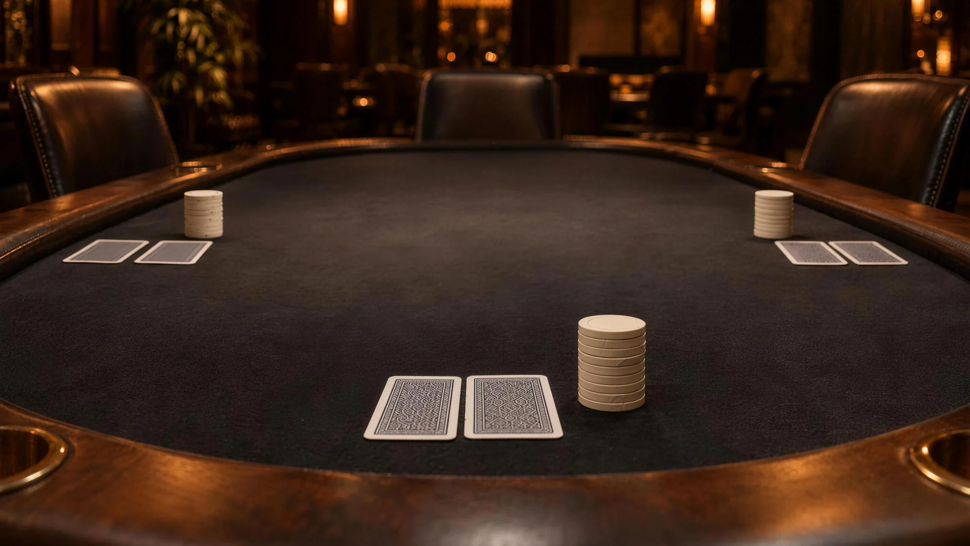 Empty leather chairs surround a dark poker table with paired face-down cards and white chip stacks