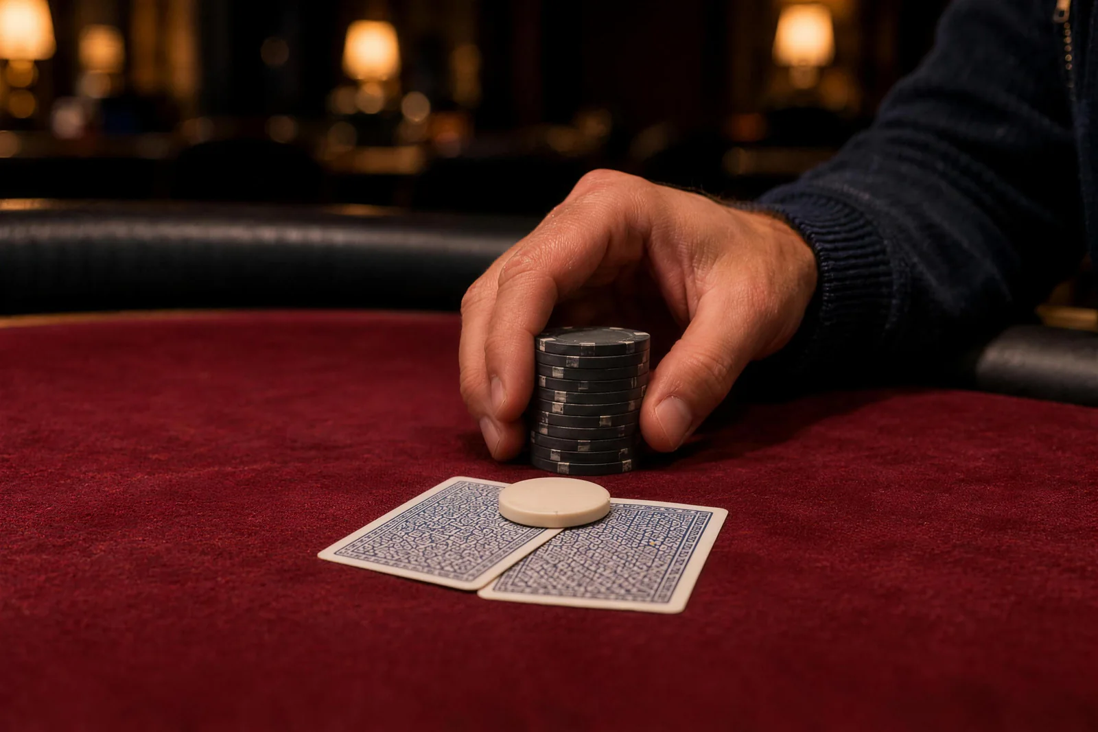 Fingers behind cards with a pale protector Fingers curve around a dark chip stack behind two face-down cards with a pale protector on red felt
