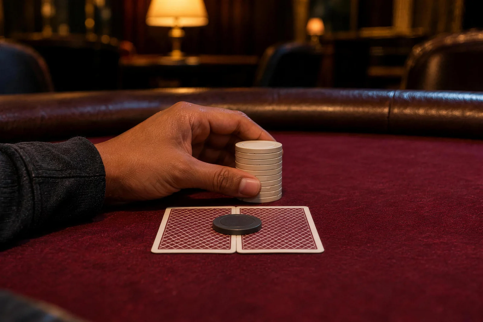 A dark protector over cards on red felt Holding a white chip stack, a hand rests behind two face-down cards under a dark protector on red felt