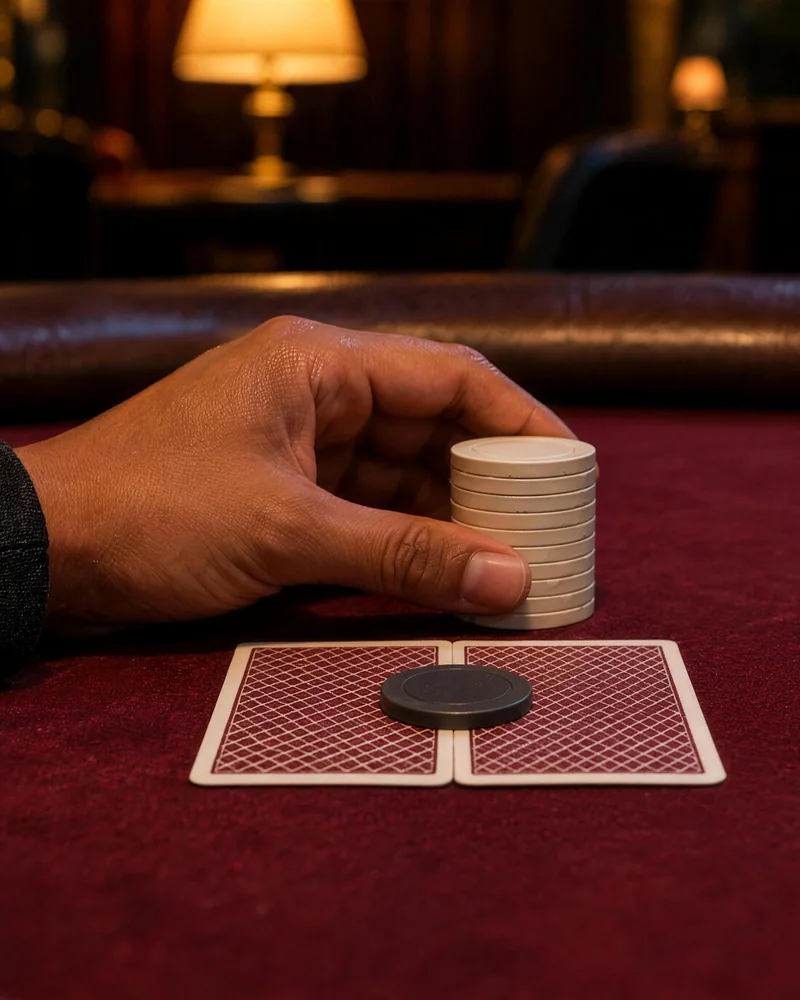 A dark protector over cards on red felt Holding a white chip stack, a hand rests behind two face-down cards under a dark protector on red felt