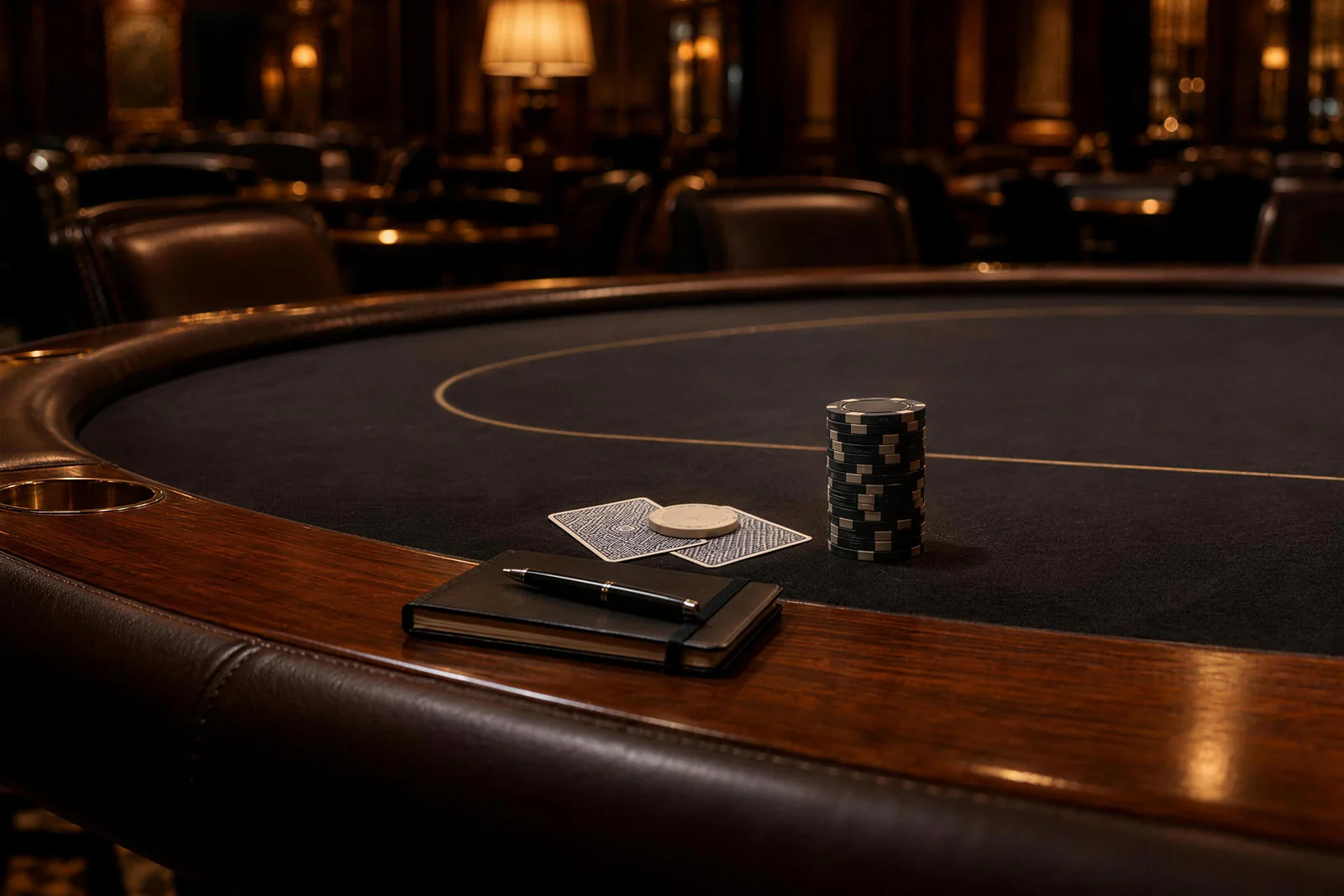 A dark chip stack behind the notebook Behind a notebook on the wooden poker rail, a dark chip stack stands beside protected face-down cards
