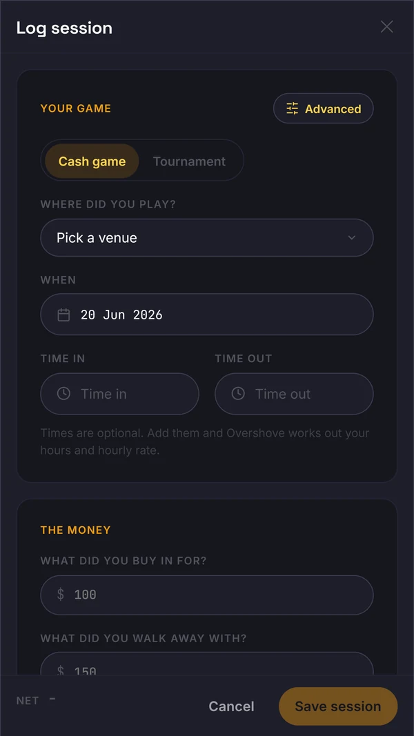 Cash game logging sheet in Overshove with venue, date, time and buy-in fields