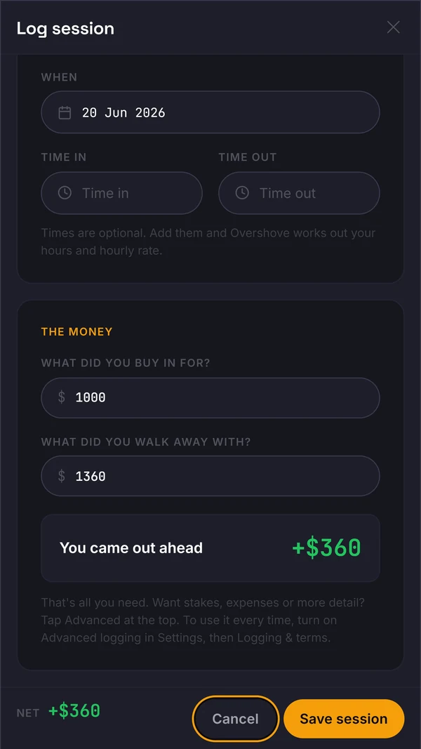 Completed cash session fields in Overshove with buy-in, cash-out and a Save session button