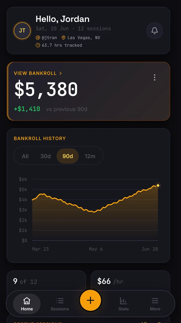 Overshove Home screen with a bankroll card, history chart and navigation bar