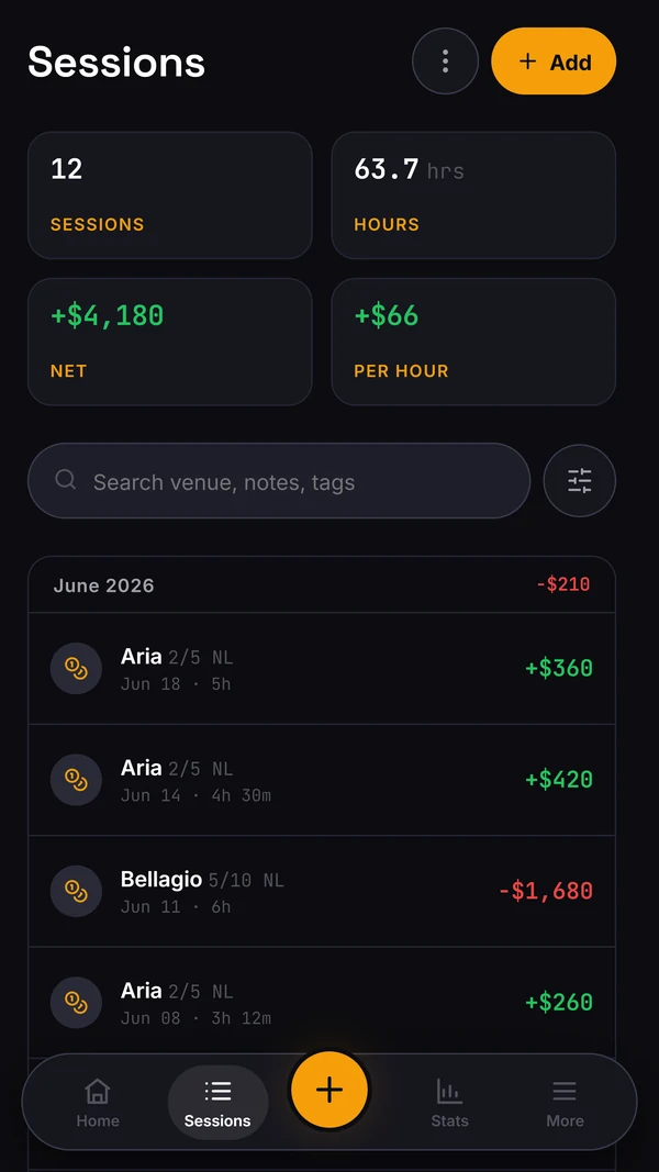 Overshove Sessions screen with summary cards, a search field and dated venue entries