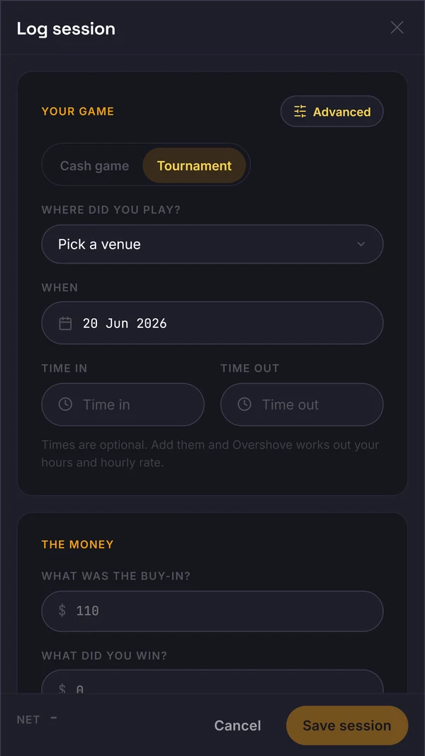 Tournament logging sheet in Overshove with venue, date, time and tournament buy-in fields
