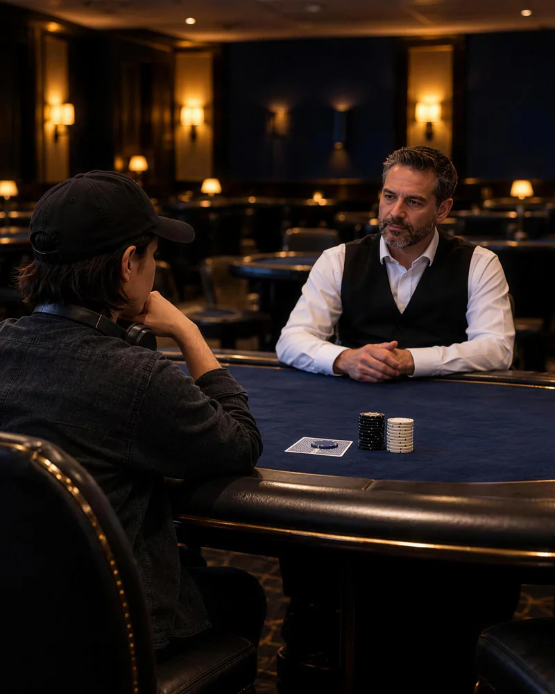 Dealer and capped player across blue felt Across blue poker felt, a dealer in a white shirt and black waistcoat faces a player wearing a cap