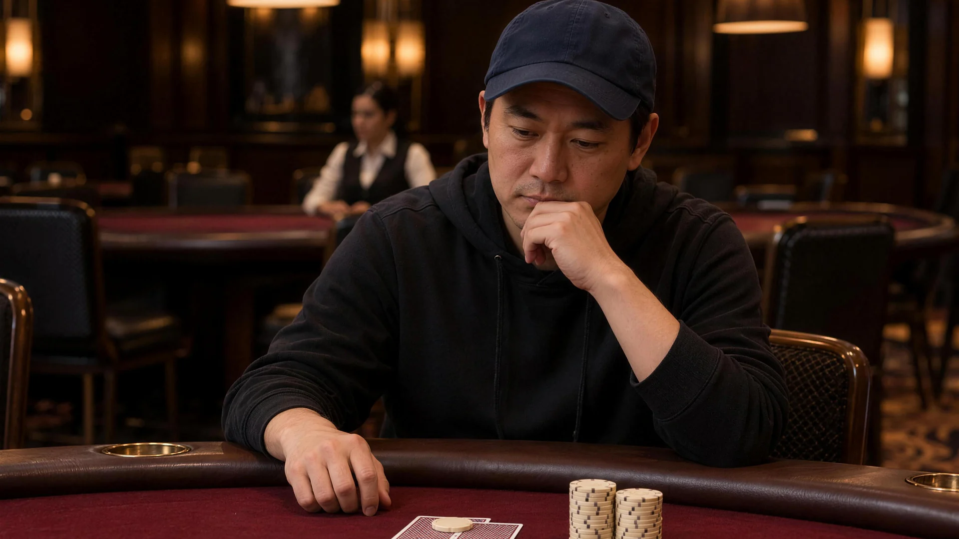 With a fist against their mouth, a player in a dark cap and hoodie looks down at a red poker table