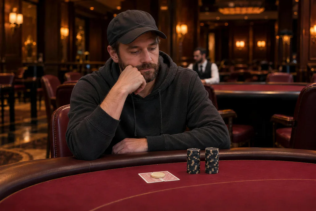 A player in a cap and hoodie rests their cheek on a fist, looking down at two protected cards beside two dark chip stacks