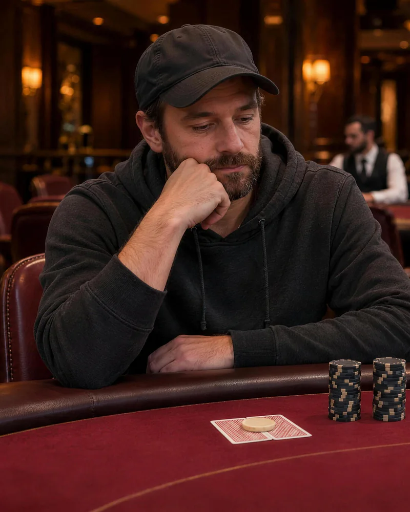 Wearing a dark hoodie and cap, a player rests a cheek on a fist above protected cards on red poker felt