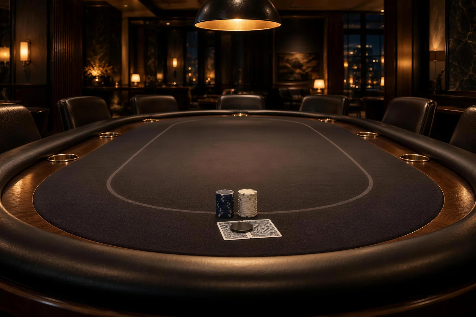 Beneath a hanging lamp, blue and white chip stacks stand behind protected cards on a dark poker table
