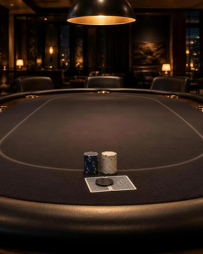 Blue and white stacks beneath the lamp Beneath a hanging lamp, blue and white chip stacks stand behind protected cards on a dark poker table