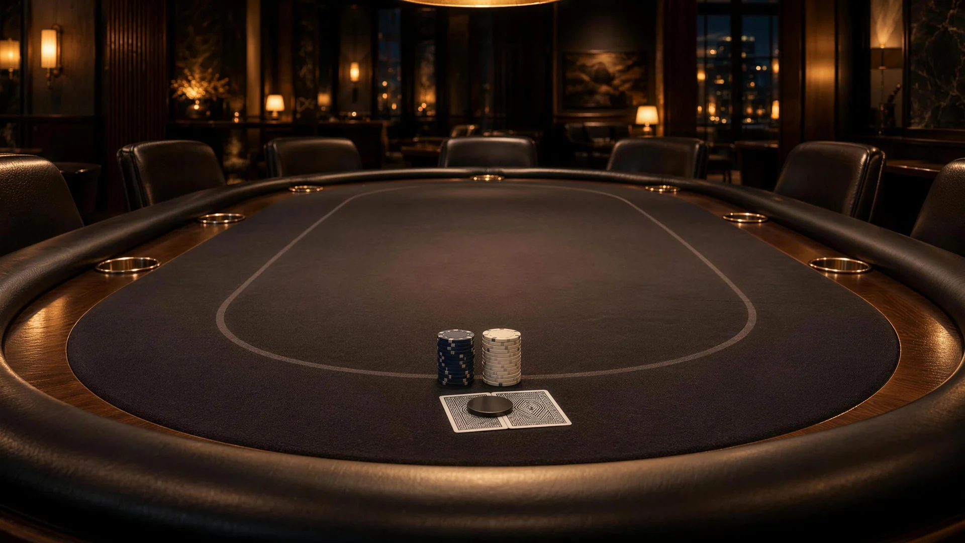 Under a pendant lamp, protected face-down cards sit before blue and white chip stacks on a poker table