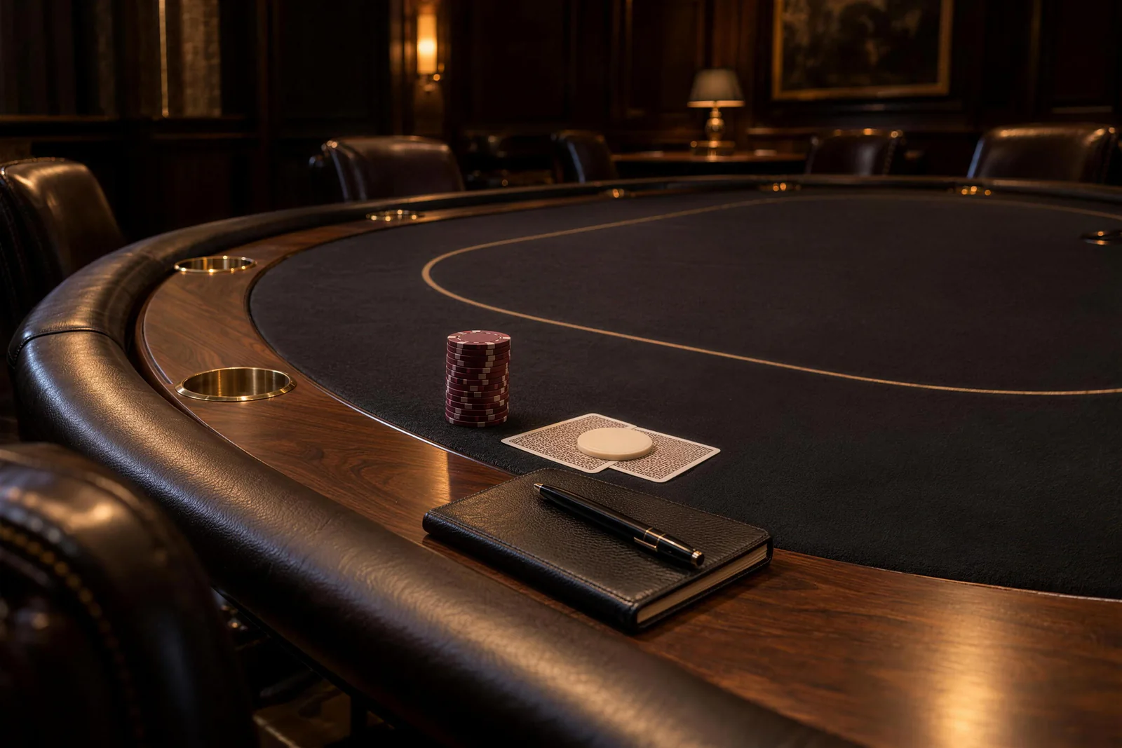 Protected cards above a notebook and pen Next to a red chip stack, two protected face-down cards lie above a notebook and pen on the poker rail