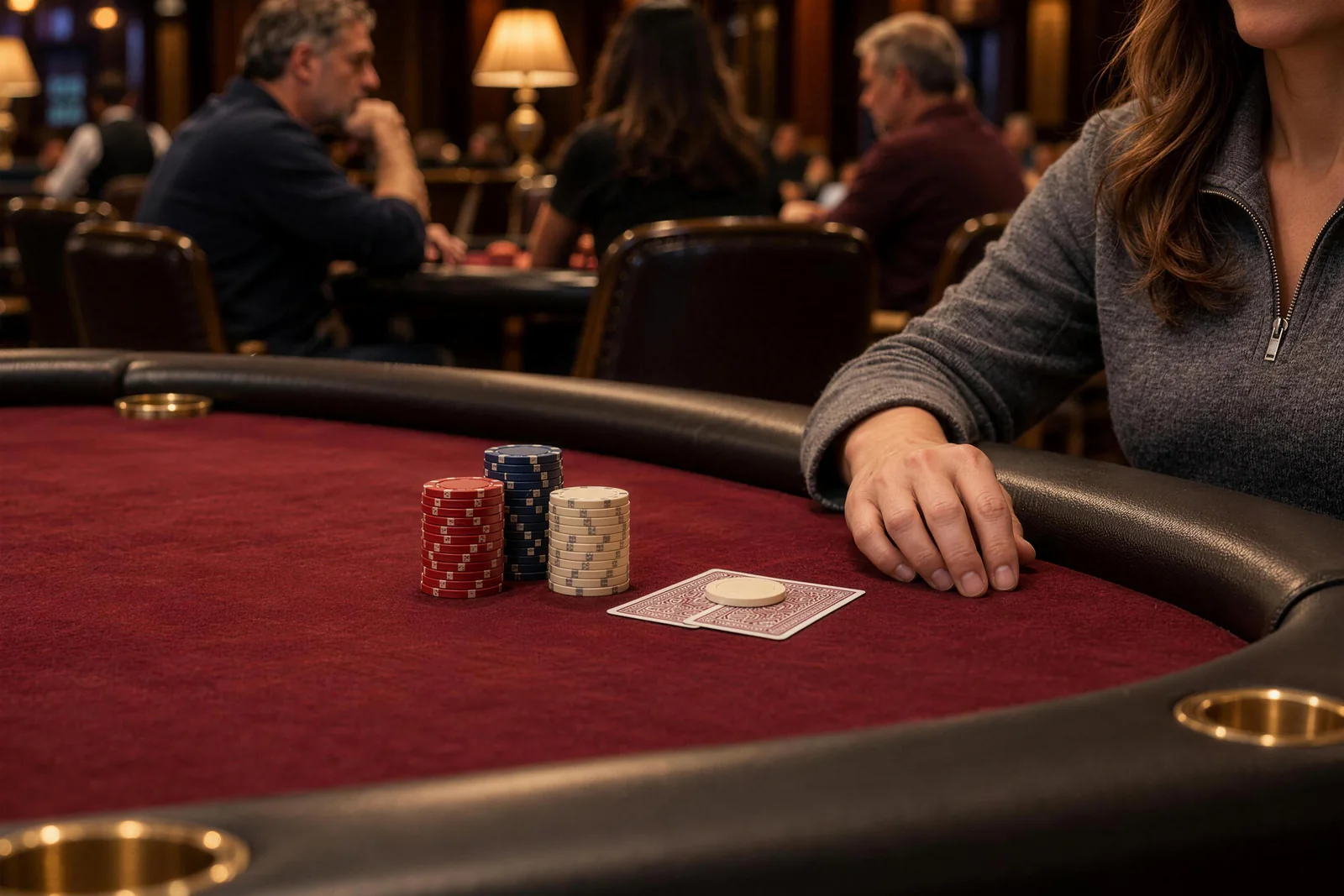 On burgundy poker felt, two cards sit face down under a pale protector near a hand and chip stacks