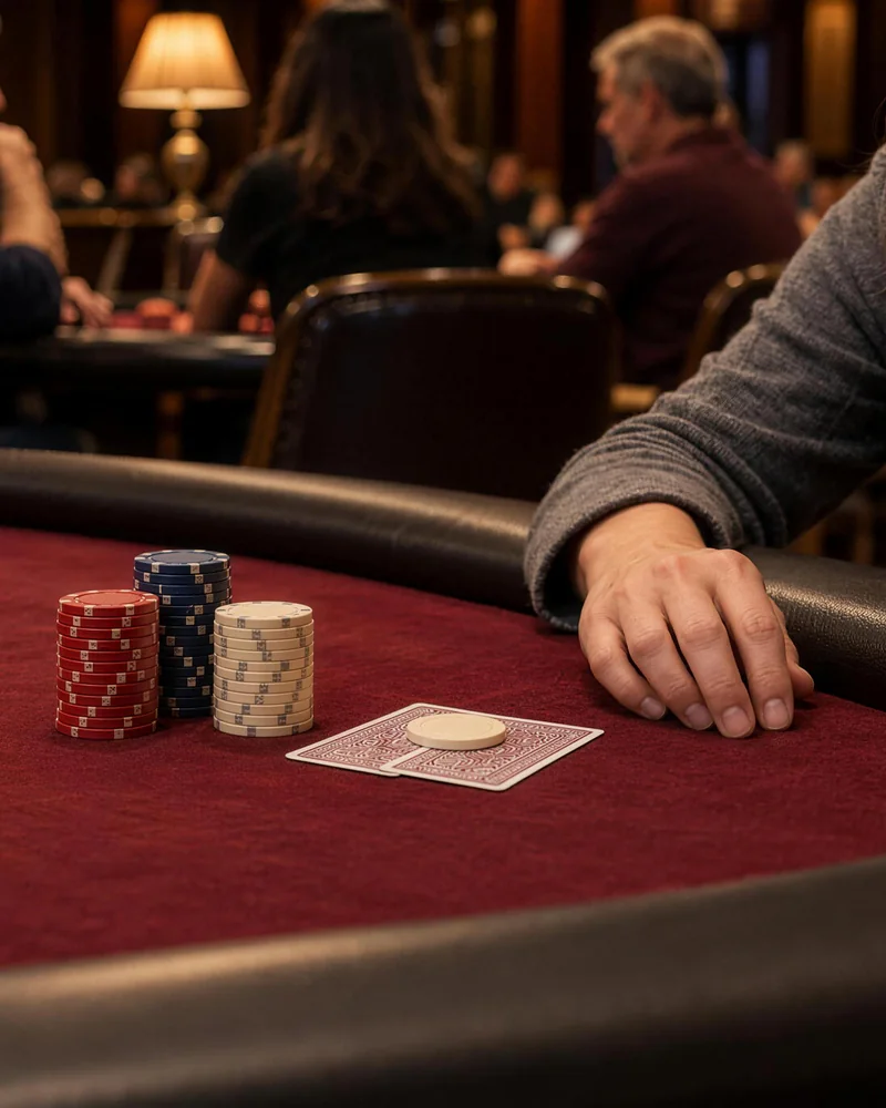 A pale card protector beside chip stacks On burgundy poker felt, two cards sit face down under a pale protector near a hand and chip stacks
