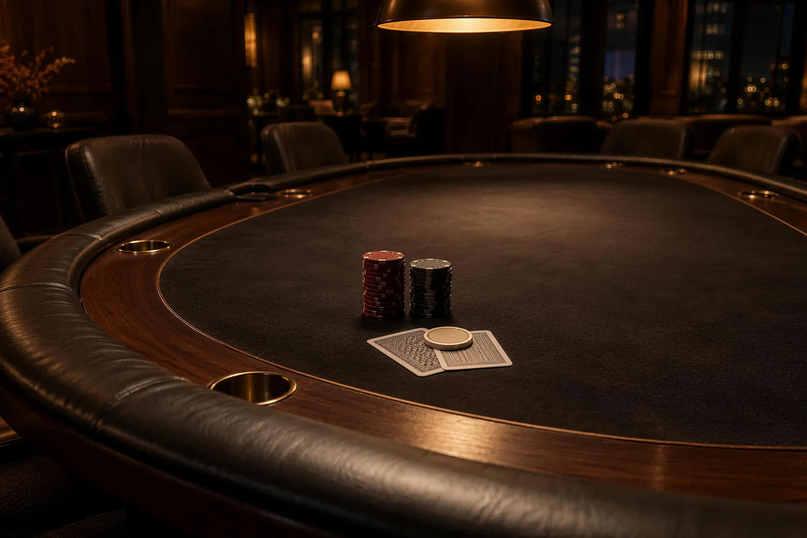 Red and black chip stacks sit behind two face-down cards with a pale protector on dark poker felt