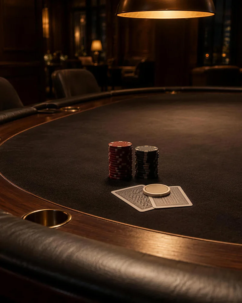 Cards and a pale protector on dark felt Red and black chip stacks sit behind two face-down cards with a pale protector on dark poker felt