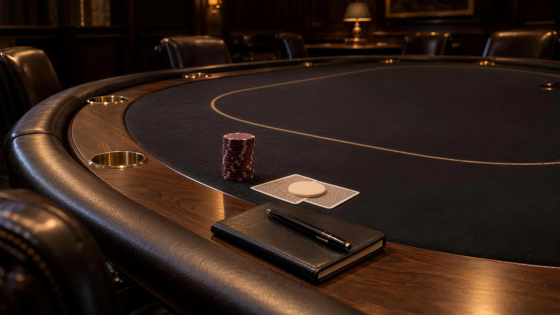 A red stack beside a closed notebook A round protector rests on two face-down cards beside a red chip stack and a notebook with a pen