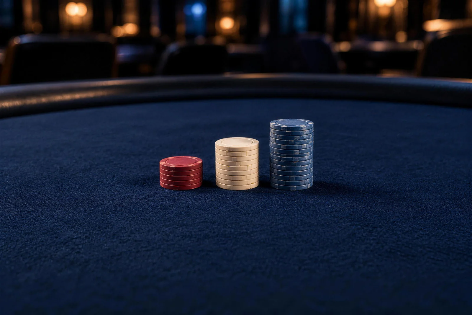 Chip stacks arranged from short to tall Short red, medium white and tall blue chip stacks stand in a row on a blue poker table